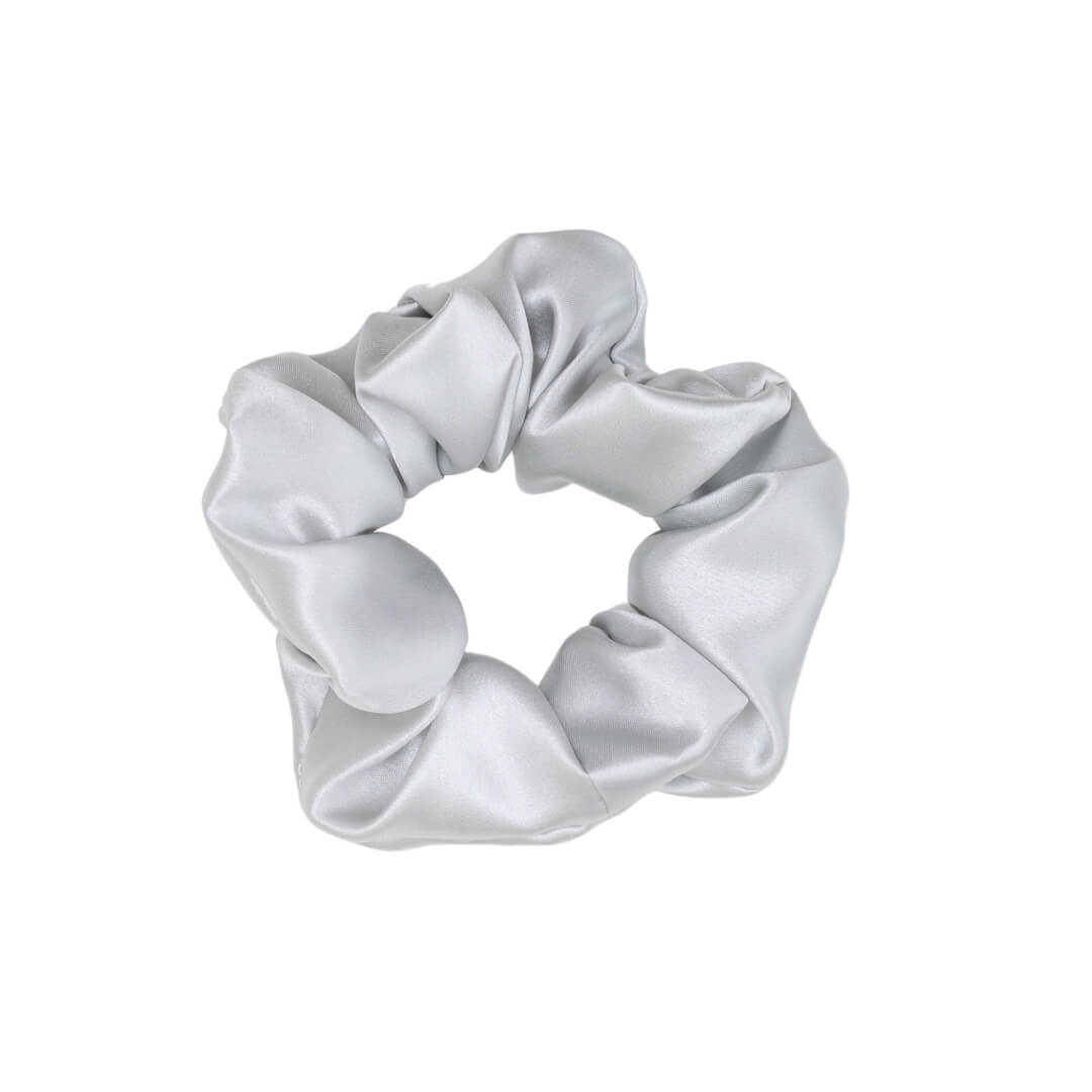 extra glossy silver wide silk scrunchie 3.5 cm voluminous hair tie