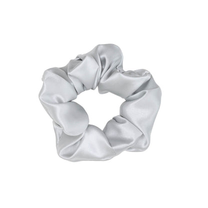 extra glossy silver wide silk scrunchie 3.5 cm voluminous hair tie