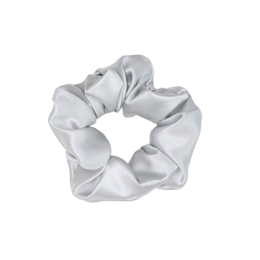 extra glossy silver wide silk scrunchie 3.5 cm voluminous hair tie