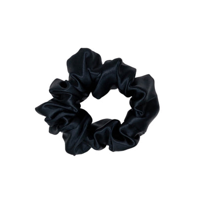 extra glossy black wide silk scrunchie 3.5 cm voluminous hair tie